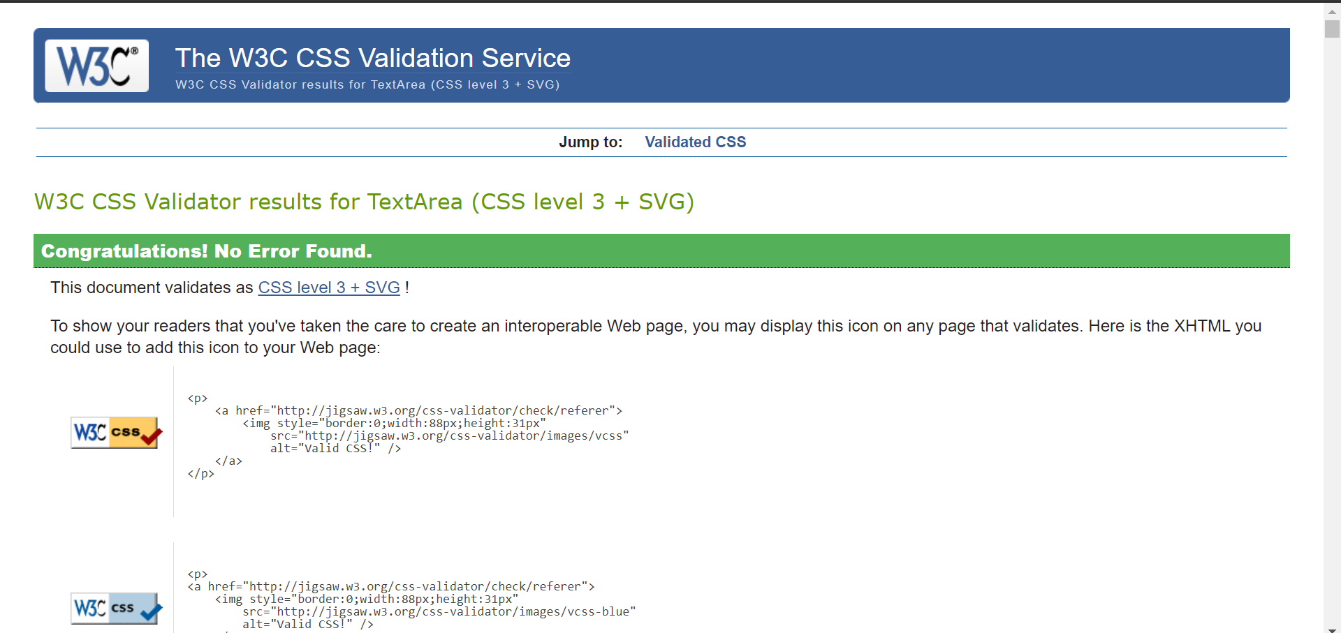 screenshot of CSS validation